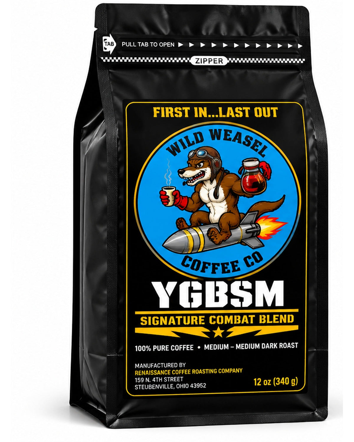 YGBSM Signature Combat Blend 12 oz bag, front
